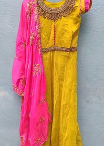 Yellow &amp; Pink Embroidered Dress