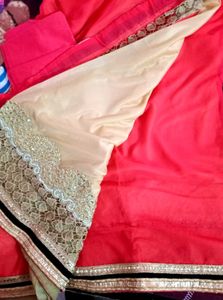 Tomato red and Golden lehenga Saree