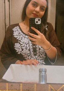 Brown Chikankari Short Kurti With White Legging