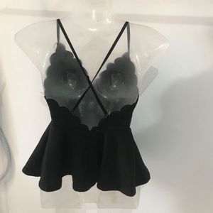 Black Scalloped Peplum Top