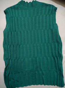Teal Green Striped Sleeveless turtle neck top