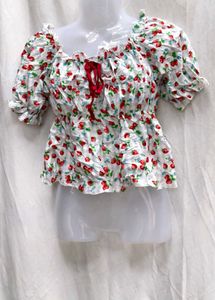 I. Strawberry Print Peplum Top