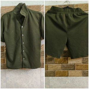Olive Green Casual Shirt And Shorts