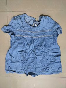 Blue Denim Look Top w/ Crochet Detail
