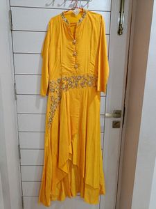 Yellow Embroidered Asymmetrical Kurti