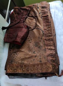 Elegant Brown Saree with stitched Blouse