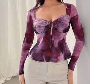 Purple Print Mesh Long Sleeve Top
