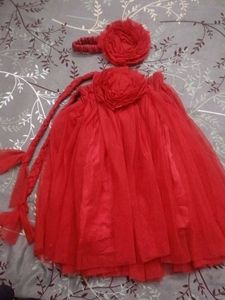 Charming Red Net Frock & Headband Set