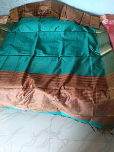 Handwoven Silk Plaid Fabric Saree -SeaGreen