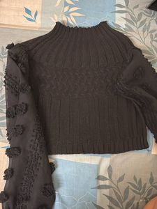 Black Woolen Top With Georgette Fancy Sleeves