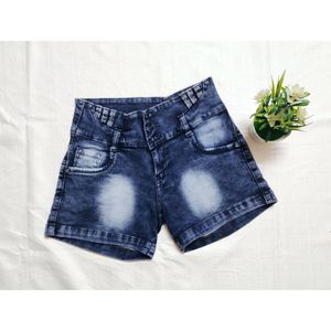 Women Casual Blue High waisted Denim short
