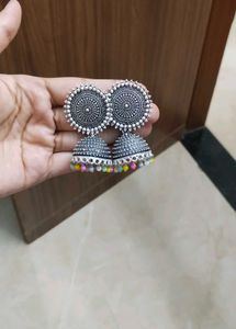 Oxidized Jhumka Earrings with Colorful Beads