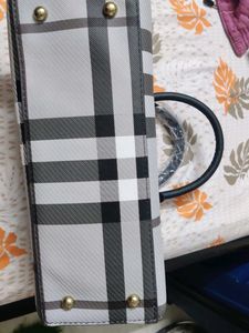 Plaid Satchel Bag With Black And White Canvas Prin