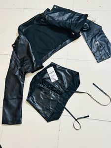 Size L - Leather Jacket With  Lace Up Tube Top