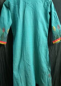 Turquoise Green Embroidered Kurtha
