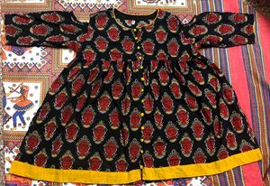 Handblock-Style Ethnic Black Kurta Tribal Face