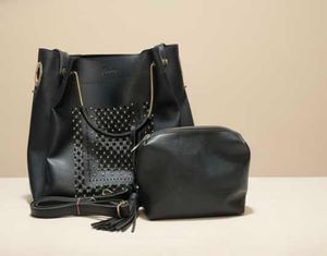 Elegant Black Studded Handbag with Pouch – Stylish