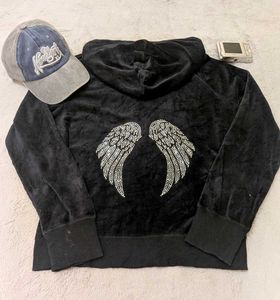 Y2K Pink rose Velvet Angel Wing Hoodie