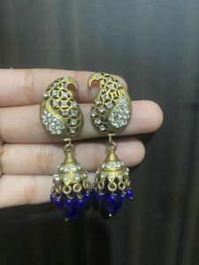 Elegant Peacock-Inspired Jhumka Earrings with Blue