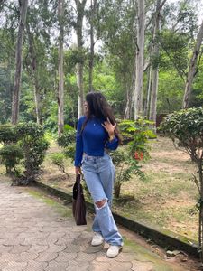 Blue Ribbed Long Sleeve Top