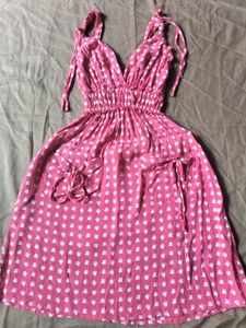 Pink Heart Print Tie-Strap Mini Dress