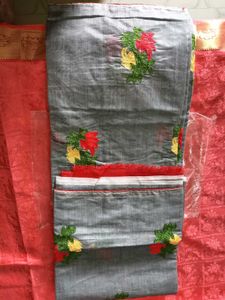 Grey With Red Floral Design ChanderiCotton Saree