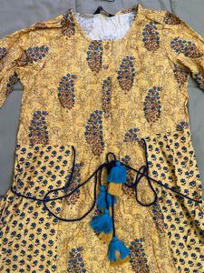 INDYA Mustard Printed Side-Tie A-Line Kurta