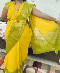Yellow Green Dual Colour Saree With Stitch Blouse