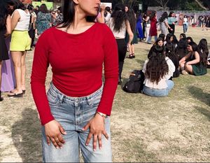 Red Long Sleeve Top &amp; Wide Leg Jeans