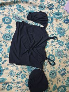 Navy Blue Bardot Crop Top with Bow | Sleeveless |