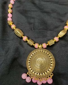 Pink Beaded Medallion Necklace