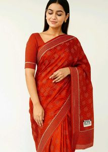Rust Printed Synthetic Saree with Blouse Piece