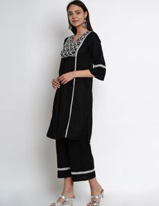 Bhama Couture Women Black Embroidered Kurta with P
