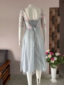 blue lace tulle midi gown