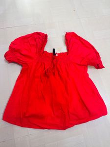 Red Square Neck Puff Sleeve Top