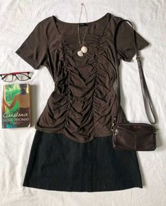 Brown Ruched Top & Skirt Set