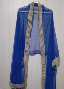 Blue Net Dupatta with Gold Trim
