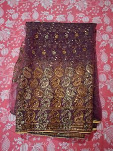 Stunning Purple Saree with Gold Embroidery &amp; Sequi