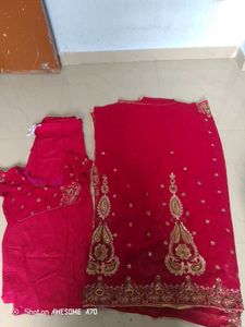 Red & Gold Embroidered Saree Set  Maching Earing🥰