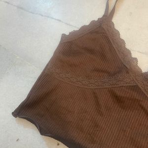 Brown Ribbed Lace Trim Cami