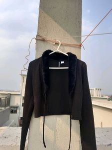 H&amp;M Ribbed Crop Tie Up Cardigan Black For Women
