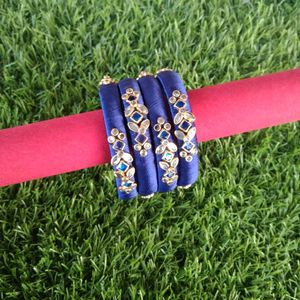 A Set Of 4 Royal blue Silk Thread kundan Bangles
