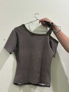 Brown & Lavender Striped Off-Shoulder Top