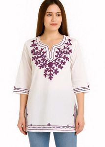 Very Elegant White Short Kurta Purple Embroidery