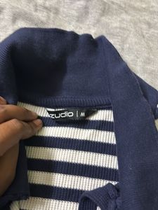 Classic Blue &amp; White Striped Polo T-Shirt – Medium