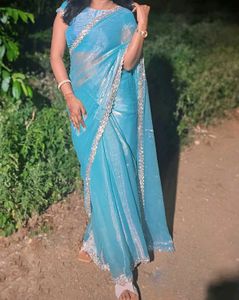 Aqua Blue Embellished Saree