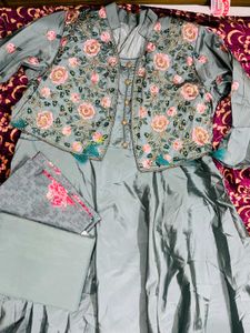 Grey Floral Embroidered Anarkali Suit Set