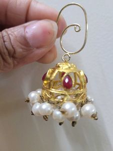 Golden Jhumka With White Beads