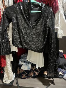 Black Sequin Cropped Blouse