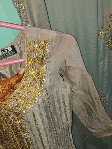 Gray &amp; Gold Embroidered Asian Dress